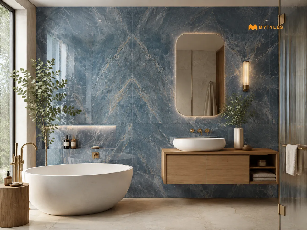 Glossy Blue Marble Tile In Bathroom Wall